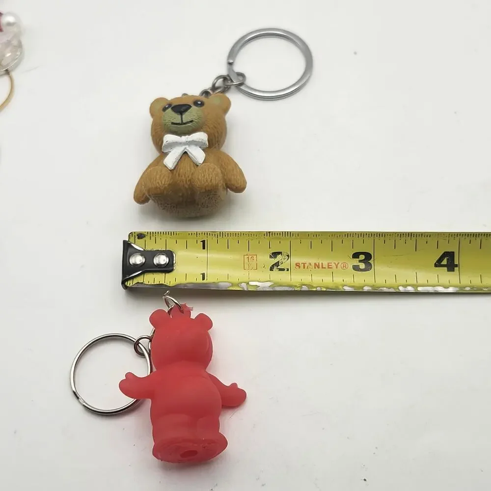 Lot of 2 Teddy Bear Keychain Charms Red Rubber Bear Brown Teddy With White Bow